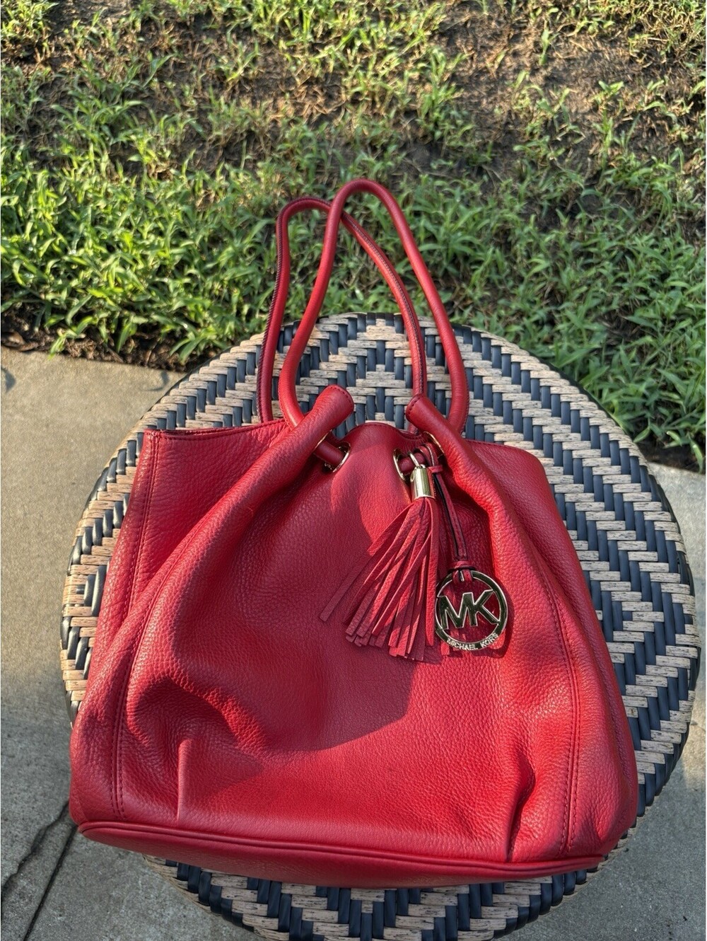 Michael Kors Red Large Pebbled Bucket Bag Drawstring Snap Tassel MK Charm